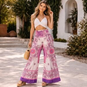 Boho Paisley Wide Leg Pants Pink Sheer Flowy Resort Beach Festival M